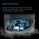 Ultrasonic vaporizer with text about precise humidity control on a dark background