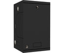 Black metal box with circular components on a white background