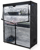 Black grow tent with transparent side panels on a white background
