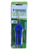 Packaged trimming scissors with blue blades on a white background