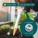 Digital soil moisture meter with specifications overlayed on a garden setting
