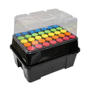 Stackable storage bins with colorful lids on a white background