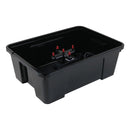 Black storage bin with battery components inside on a white background