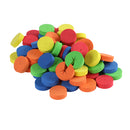 Colorful plastic buttons in various shapes and sizes on a white background