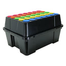 Black storage box with colorful circular lids on a white background