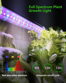 Full spectrum plant growth light illuminating plants with a color spectrum diagram and timer display.