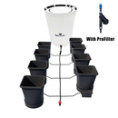 A hydroponic system with black pots, a white filter, and a black nozzle on a white background.