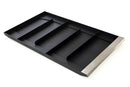Black tray with multiple compartments on a white background