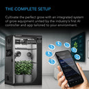 Growth chamber with plants and smartphone app interface, featuring AC Infinity branding.