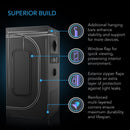 Black electronic device with features highlighted on a dark background