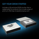 Two boxes with a brand logo on a dark background, featuring text about a $150 voucher.