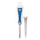 Digital pipette with a sample tip on a white background
