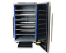 Stainless steel wine cooler with open door on a white background