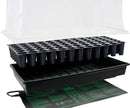 Black seedling tray with small pots and a heating mat on a white background