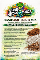 Atlantis Hydroponics 50/50 Coco + Perlite Mix product packaging with text and images of coco coir and perlite.