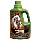 Green bottle of pH Down fertilizer with decorative label on a white background