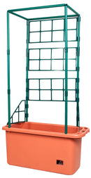 Green metal trellis with terracotta planter on a white background