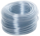 Coiled clear plastic tubing on a white background