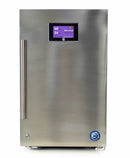 Stainless steel refrigerator with digital display on a white background