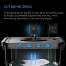 Monitoring device with probes for pH, TDS, and EC measurements on a black background.