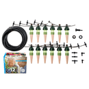 Garden irrigation system with components on a white background