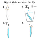 Step-by-step guide for setting up a digital moisture meter with illustrations and text.