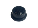 Black plastic fitting with grid pattern on a white background