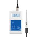 A white and blue Bluetooth soil pH meter with a digital display showing 5.7, accompanied by a white and black pH electrode probe on a clean white background.