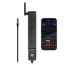 Smart power strip with smartphone displaying app interface on a white background