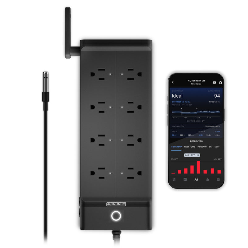 Black power strip with smartphone displaying app interface on a white background