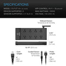 Smart power strip with specifications and features on a white background