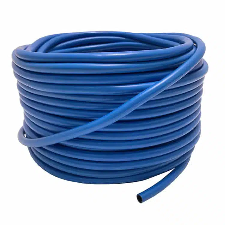 Coiled blue hose on a white background