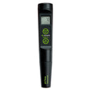 Black digital pH/temperature meter with green display on a white background