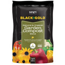 Bag of Black Gold natural and organic garden compost blend with vegetables and flowers on a white background.