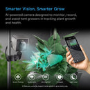 AI-powered camera system for monitoring plant growth with smartphone app interface.