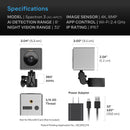 Technical specifications and features of a security camera system with dimensions and components displayed.