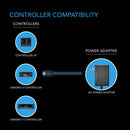 Diagram showing controller compatibility with power adapter on a black background