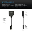 Technical specifications of an adapter cable with dimensions and connectors labeled.