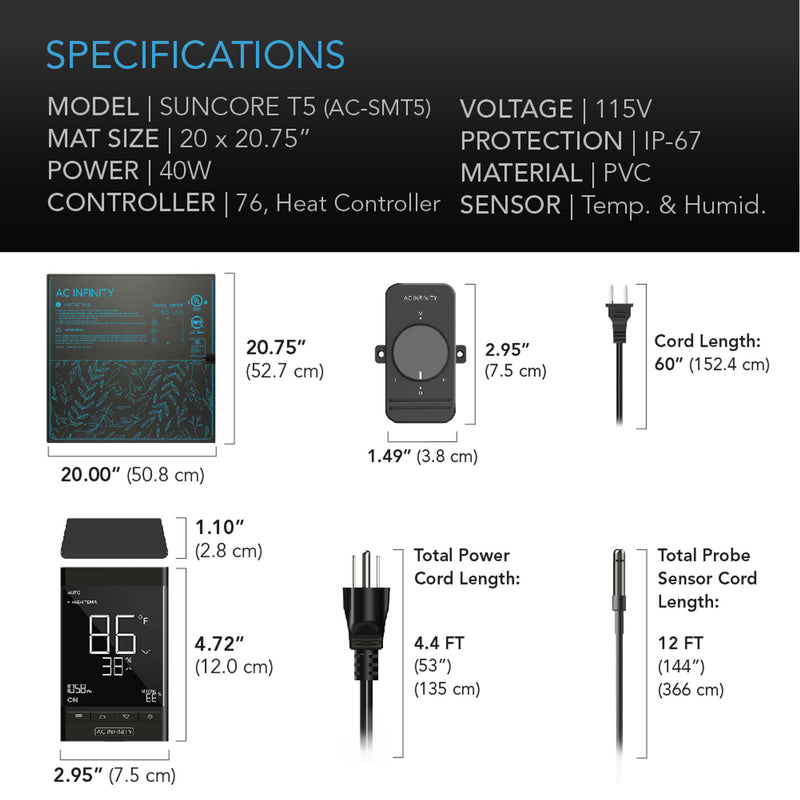 SUNCORE T5, SEEDLING HEAT MAT, DIGITAL THERMOSTAT WITH HEAT CONTROLLER, 20" X 20.75"