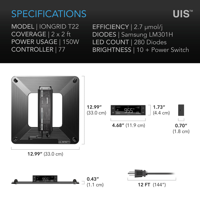 IONGRID T22, FULL SPECTRUM LED GROW LIGHT 150W, 2X2 FT. COVERAGE