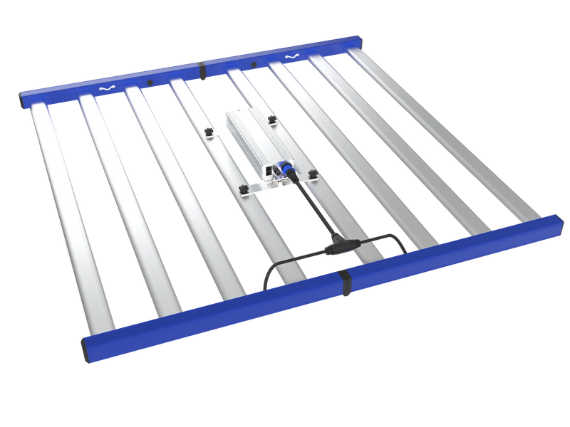 LED grow light with blue frame and white bars on a white background