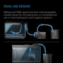 Diagram of a dual-use hydroponic and irrigation system with text about waterproof IP68 rating.
