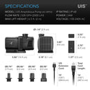 Technical specifications and features of a UIS amphibious pump with dimensions and components.