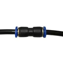 Black rubber hose with a blue and black connector on a white background