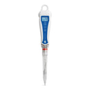 Digital thermometer with blue display on a white background