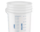 White bucket with measurement markings for liters and gallons on a white background