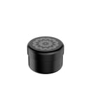 Black container with a floral design on a white background