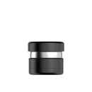 Black and silver cylindrical container on a white background