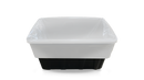 White plastic container with a black base on a white background