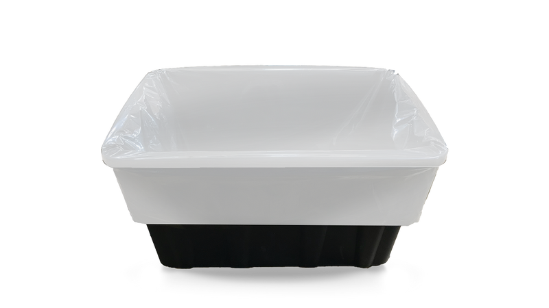 White plastic container with a black base on a white background